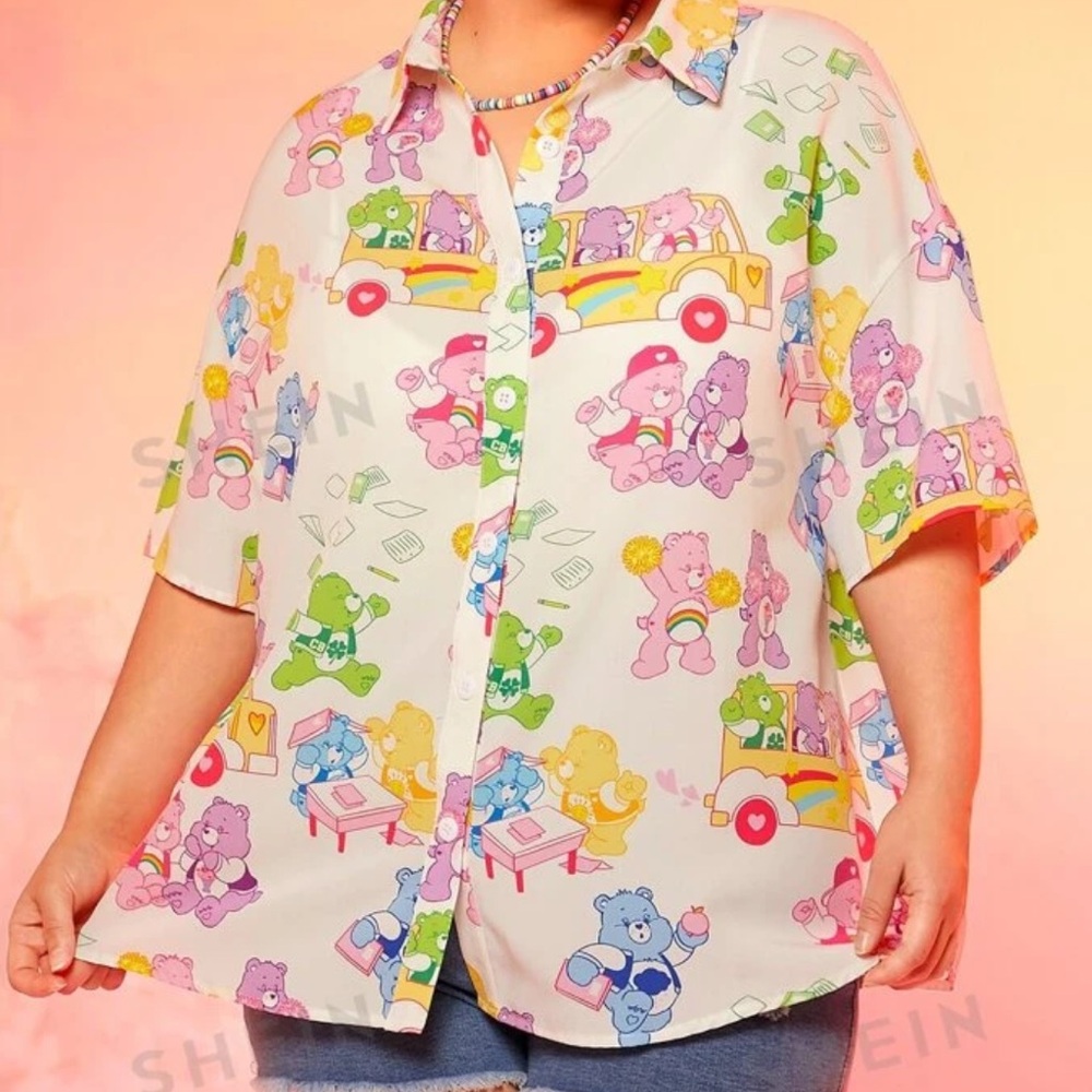 SHEIN Curve Care Bears Button Front Top